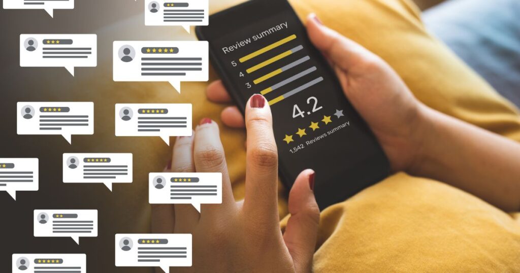 A woman is reviewing business reviews on Google on her mobile phone