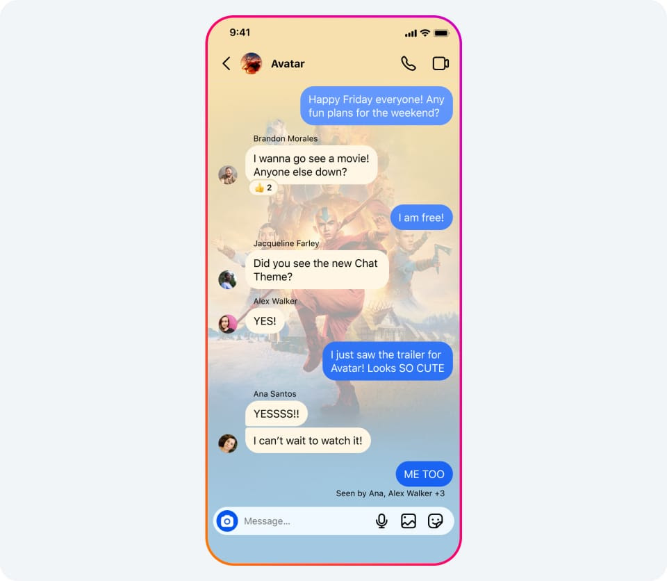 A phone displays a personalized Instagram Message Theme of Avatar the Last AirBender characters.