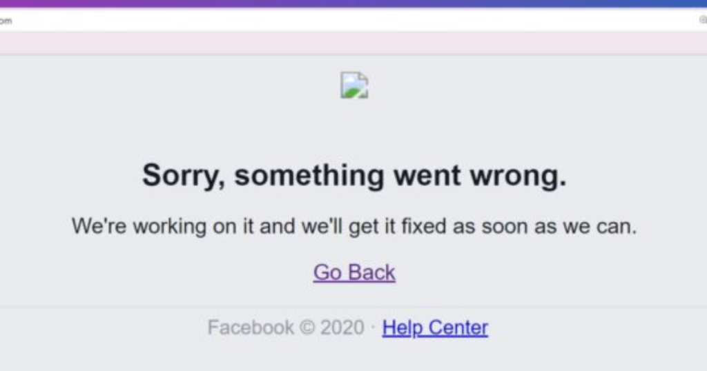 A computer screen is on Facebook and displays an error message during a national outage of the Facebook platform.