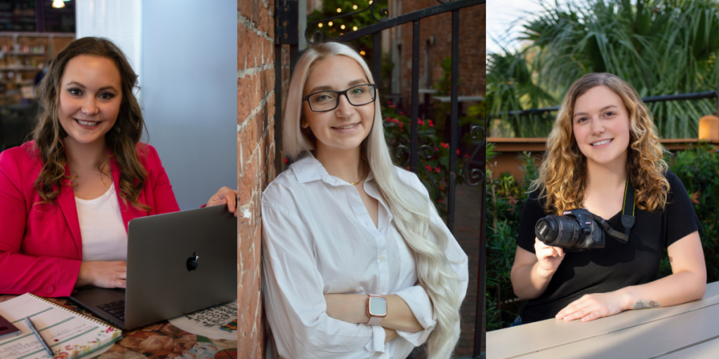 Amanda Clark at her laptop, Rachel Engelbrecht in the middle, and Kathryn Clark is ready to snap a photo. We are the ACM Digital Marketing team.