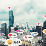 Social media icons fly over city downtown showing people reciprocity connection